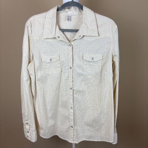 Old Navy Cream/Gold Shimmer Patterned Western Long Sleeve "Perfect Fit" Shirt - Picture 1 of 10